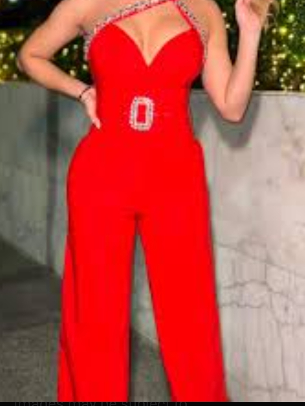 Red One-Shoulder Evening Jumpsuit with Crystal Strap and Buckle